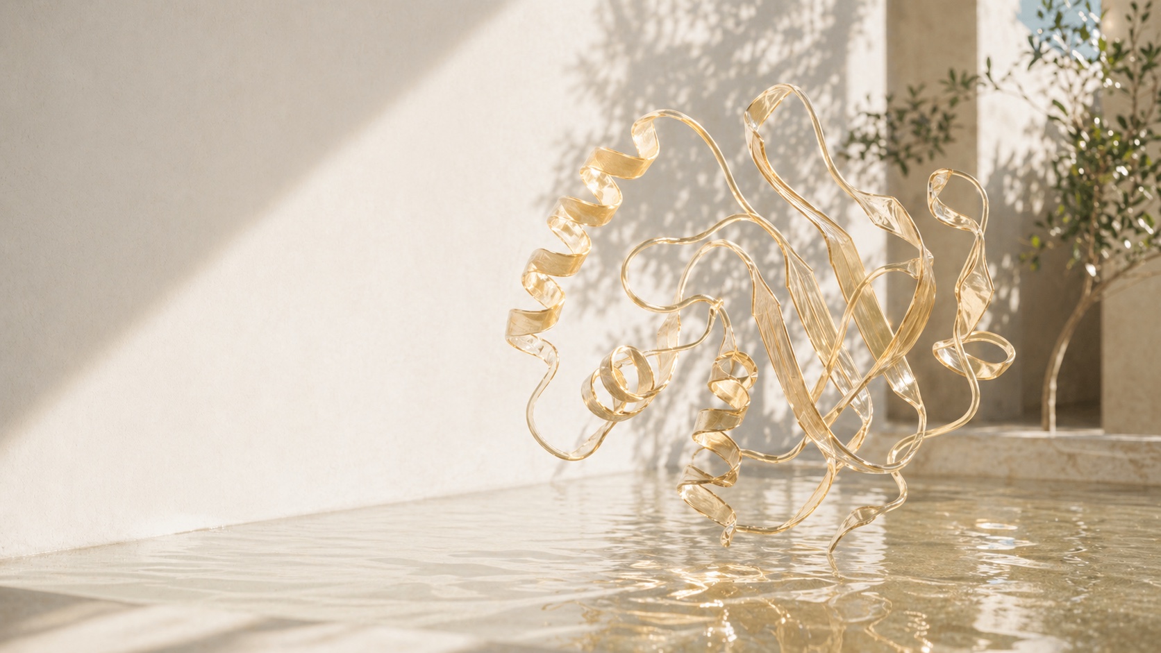 A translucent golden protein ribbon hovering over clear water in a sunlit white space.